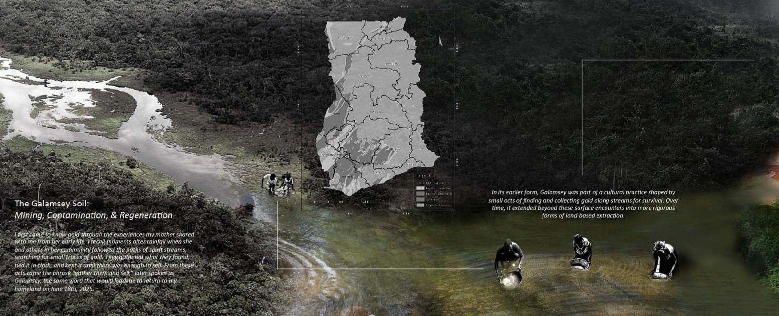 Aerial photograph of a river and mining landscape in Ghana, overlaid with a map of Ghana’s geology and archival field photography of people panning for gold in a stream.