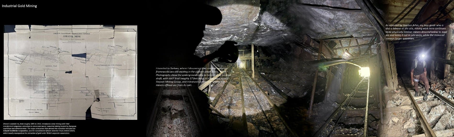 A colonial-era Ashanti Goldfields concession map beside photographs of an underground mine shaft with rail tracks, documenting industrial gold mining.
