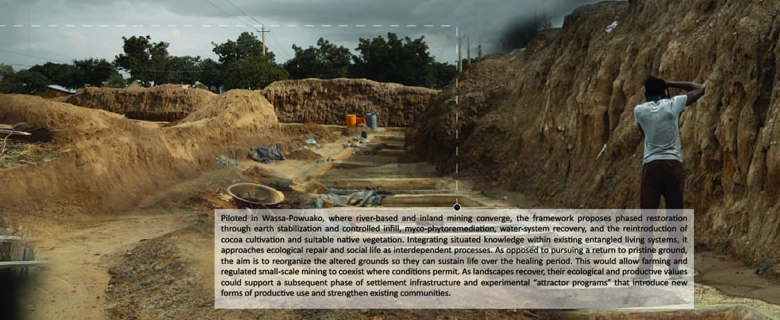 A wide photograph of an abandoned open mining pit, with a figure at the edge of the excavation looking across the cut earth.