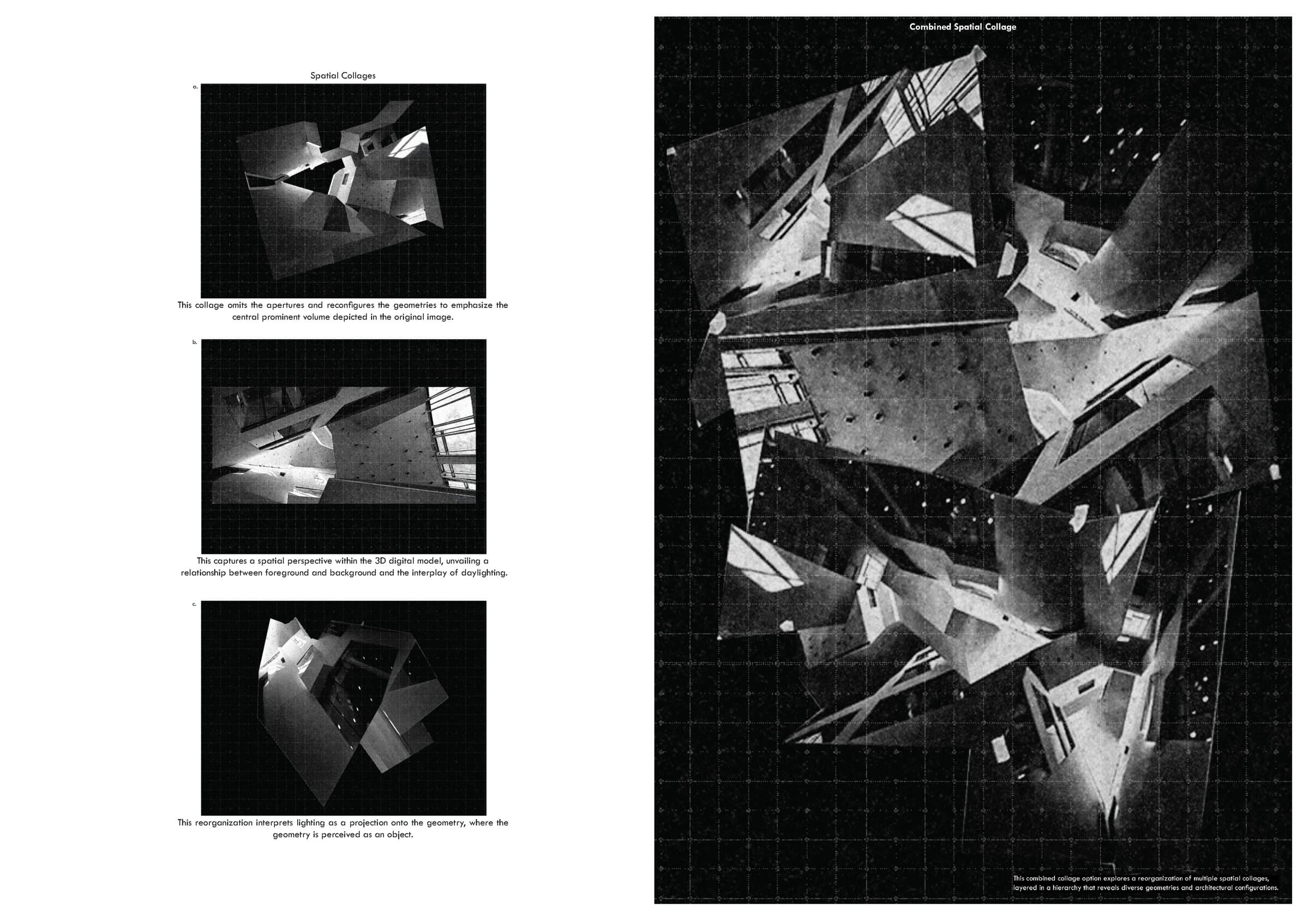 A spread pairing three spatial collages with a large combined spatial collage that layers multiple geometries from the atrium photograph.