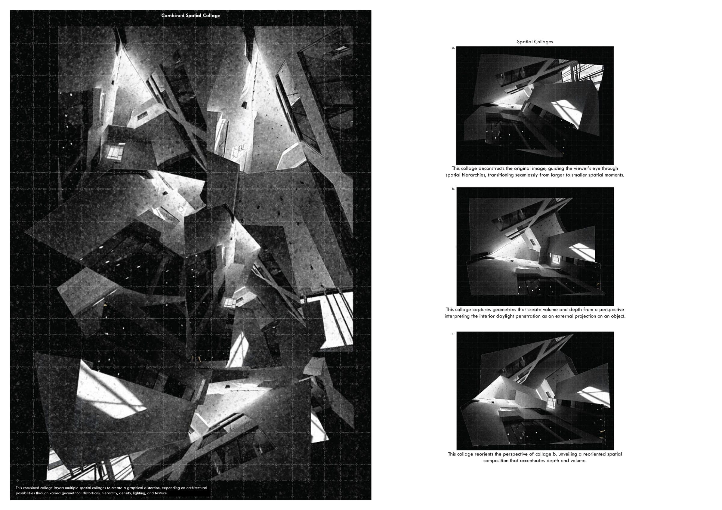 A second spread pairing a large combined spatial collage with a further set of three spatial collages.
