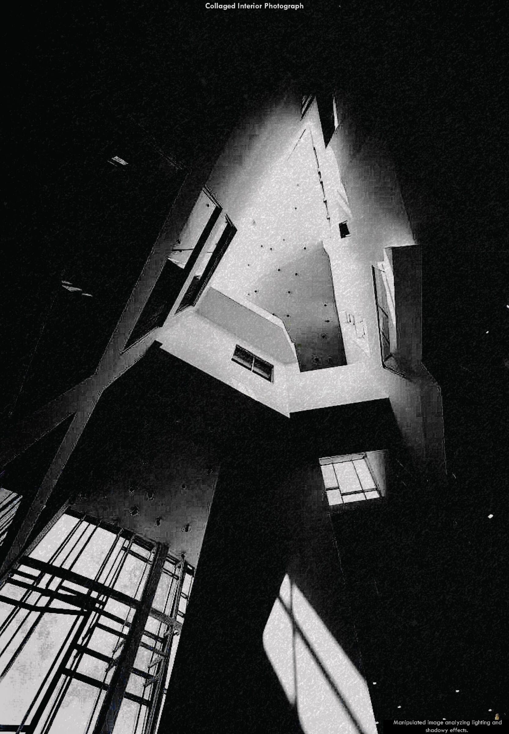 A manipulated, high-contrast collaged interior photograph looking up through a soaring atrium, analyzing lighting and shadow effects.